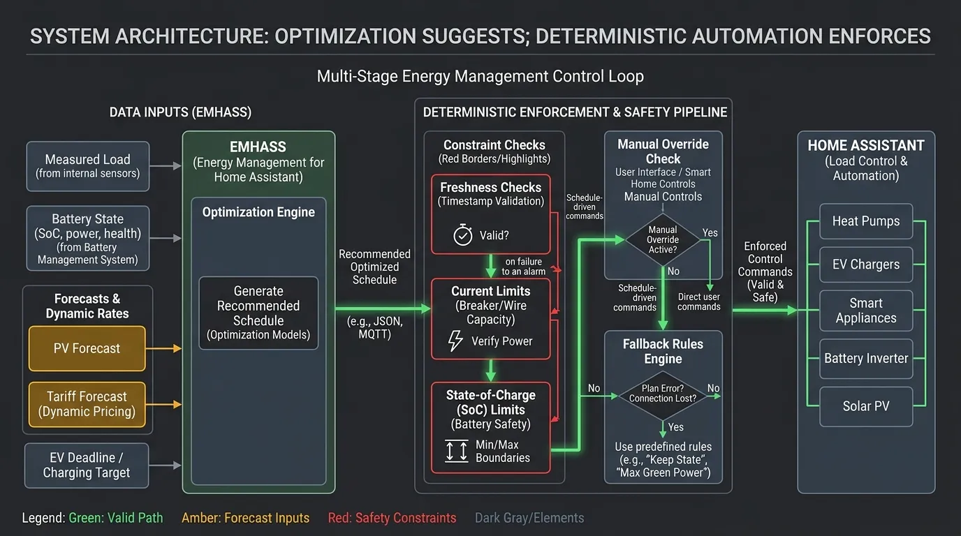 EMHASS energy optimization passing through deterministic safety and freshness checks