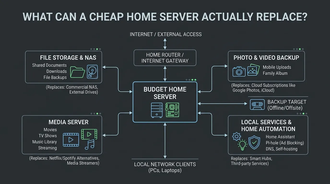 Budget home server diagram connecting a mini PC to storage, backups, local services, router, and switch