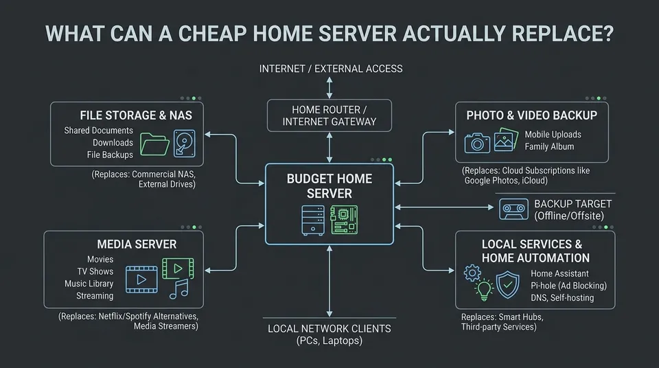Budget home server diagram connecting a mini PC to storage, backups, local services, router, and switch