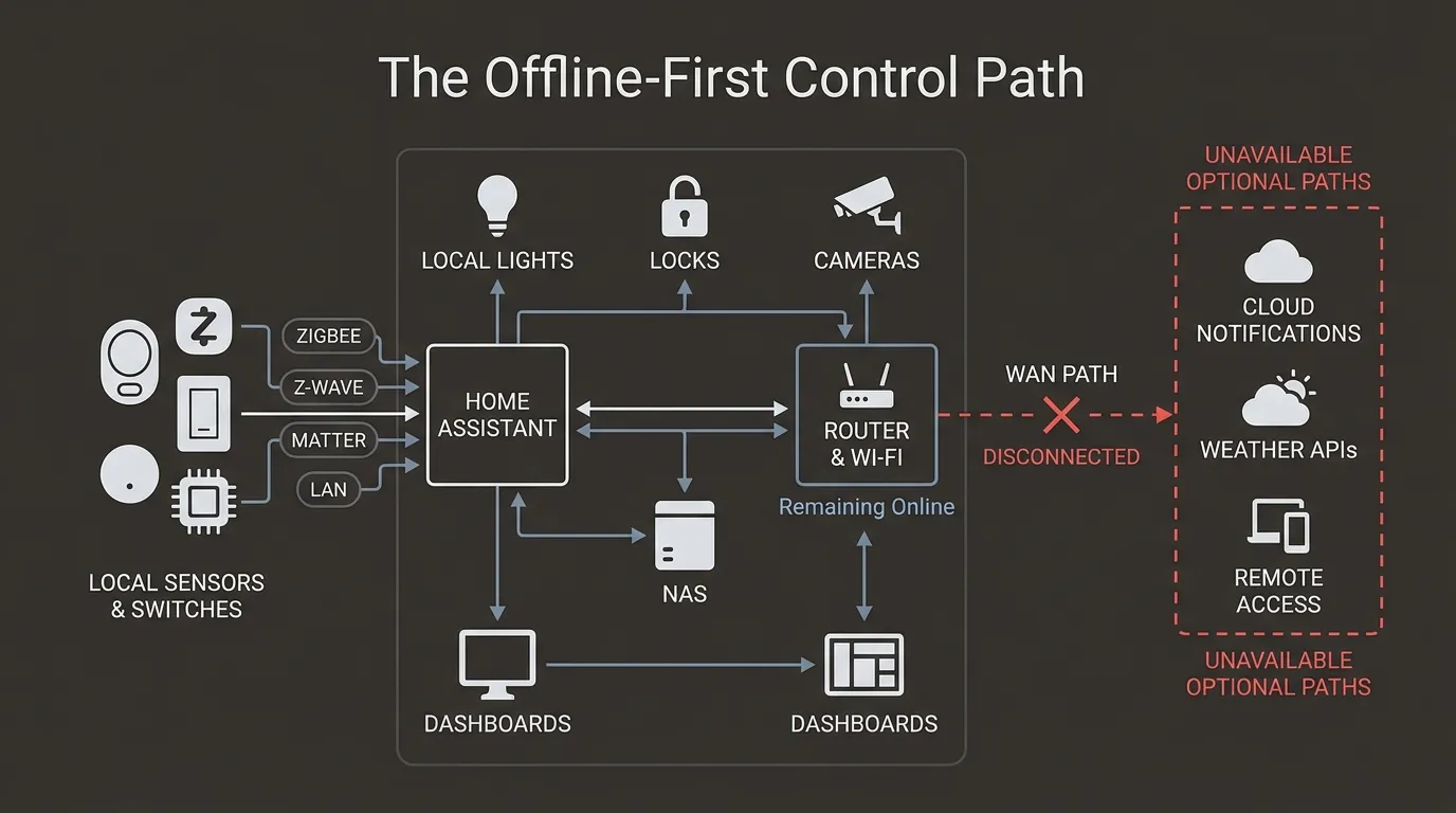 Local-first digital home with Home Assistant, local radios, lights, locks, cameras, NVR, NAS, Wi-Fi, and a disconnected WAN path