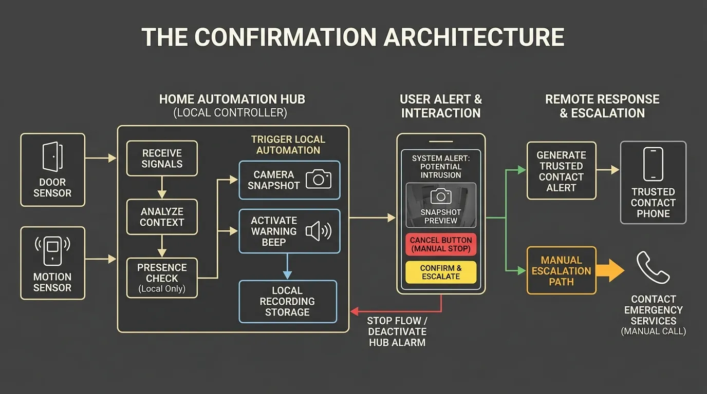 Local-first emergency automation flow with sensor confirmation, presence checks, camera snapshot, cancel button, trusted contact alerts, and manual escalation