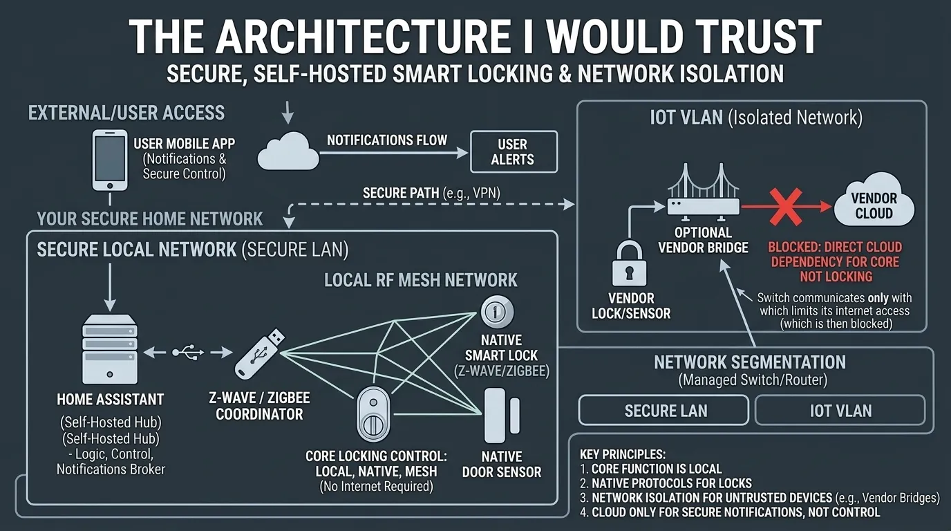 Local smart lock architecture with Home Assistant, Z-Wave or Zigbee coordinator, smart lock, isolated optional vendor bridge, and phone notifications