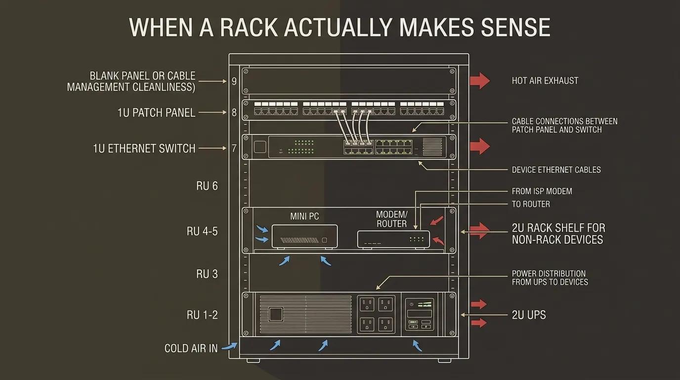 Small home server rack layout diagram with patch panel, switch, shelf, mini PC, router, UPS, airflow, and cable paths