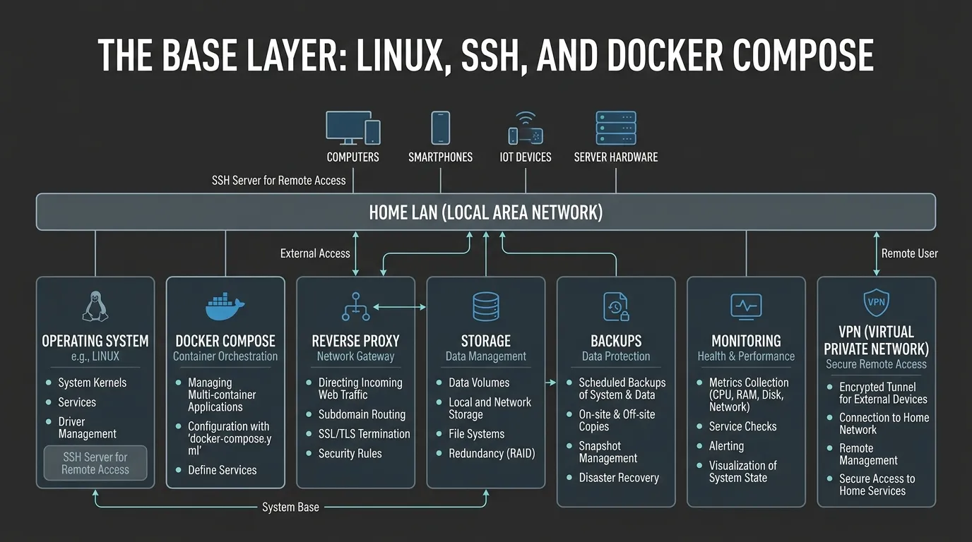 Layered local-first home server stack diagram with Linux, Docker Compose, reverse proxy, storage, backups, monitoring, and VPN