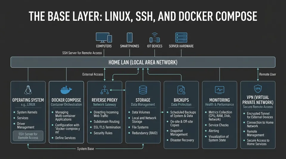Layered local-first home server stack diagram with Linux, Docker Compose, reverse proxy, storage, backups, monitoring, and VPN