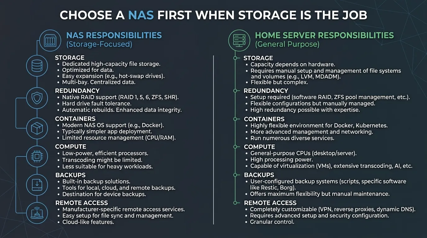 Comparison diagram showing NAS storage responsibilities and home server compute responsibilities