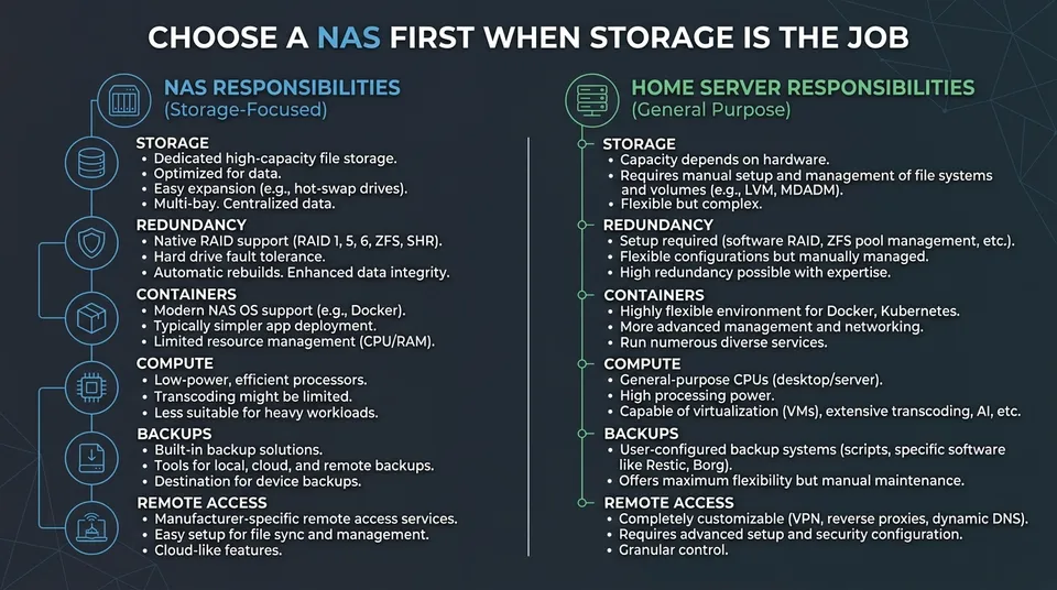 Comparison diagram showing NAS storage responsibilities and home server compute responsibilities