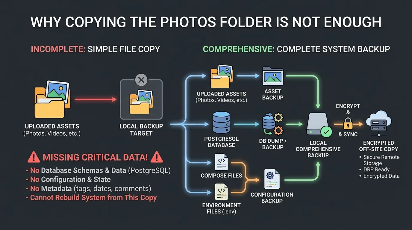 Immich backup diagram showing uploaded assets, PostgreSQL database, Compose files, environment files, local backup, and encrypted off-site copy
