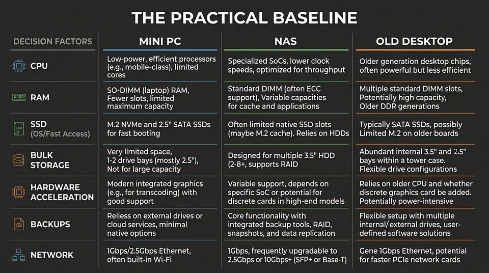 Immich hardware comparison diagram showing CPU, RAM, SSD, bulk storage, hardware acceleration, backups, and network tradeoffs
