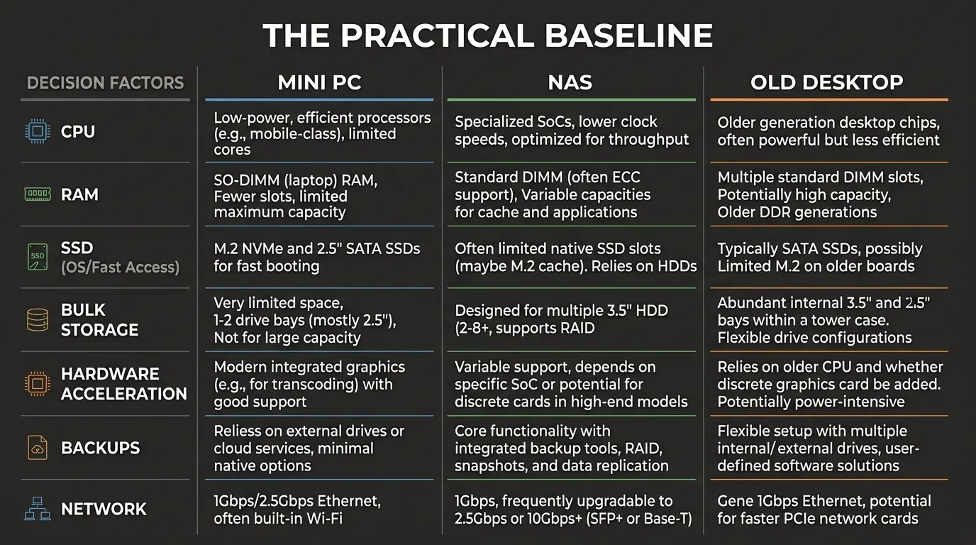 Immich hardware comparison diagram showing CPU, RAM, SSD, bulk storage, hardware acceleration, backups, and network tradeoffs