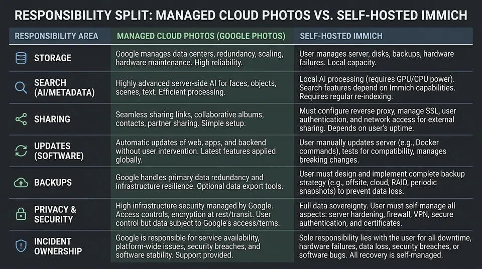 Comparison diagram showing managed Google Photos responsibilities and self-hosted Immich responsibilities