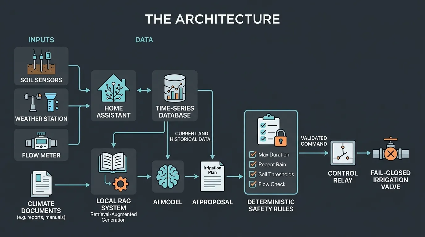Local irrigation architecture with soil and weather sensors, time-series storage, climate RAG, deterministic safety rules and a fail-closed valve