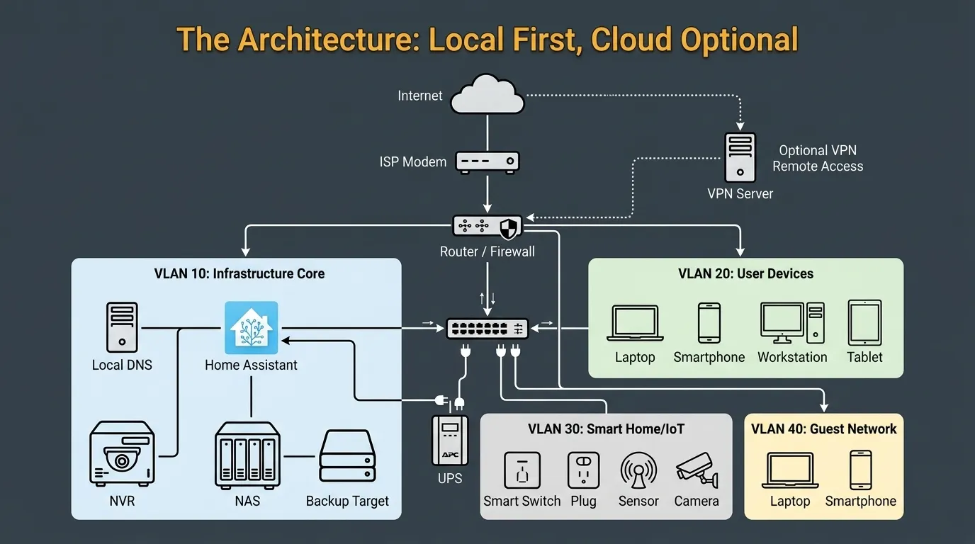 Local-first no-cloud home architecture with router, VLANs, local DNS, Home Assistant, NAS, NVR, backups, UPS, and optional VPN access