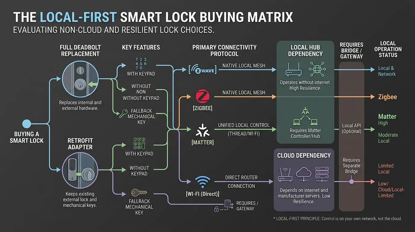 Decision matrix for choosing a local-first smart lock by protocol, lock format, fallback access, hub dependency, and cloud exposure