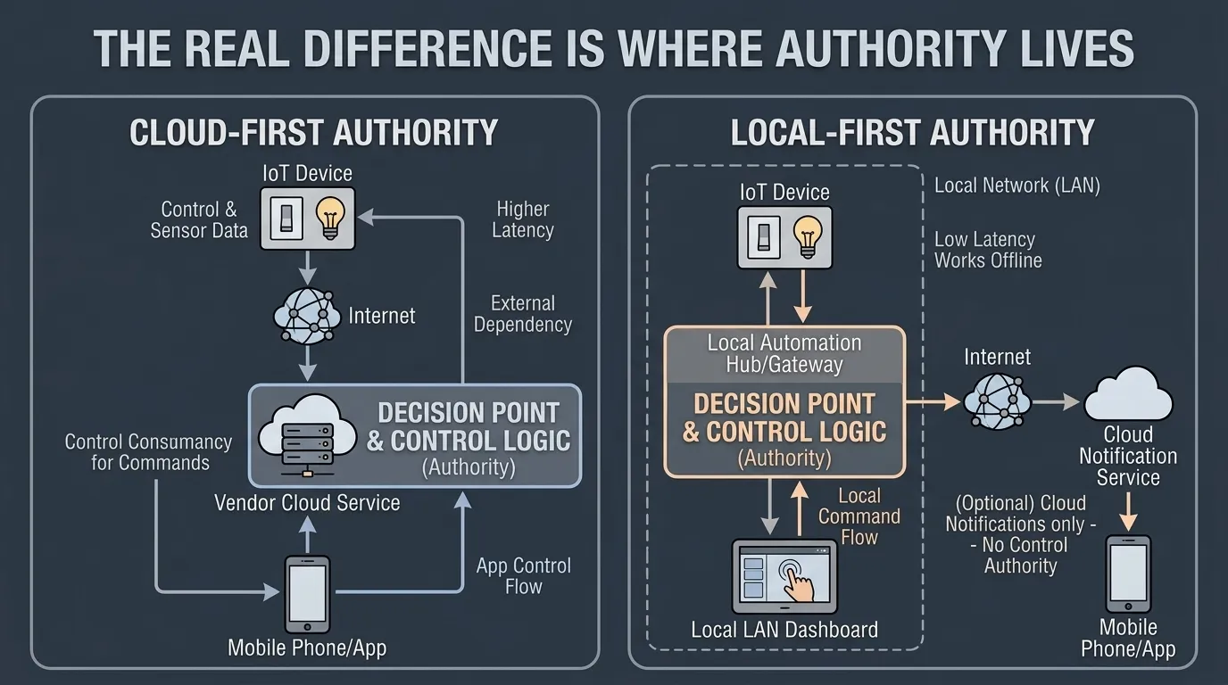 Comparison diagram showing cloud-first device control through vendor servers and local-first control through a local hub with optional cloud notifications