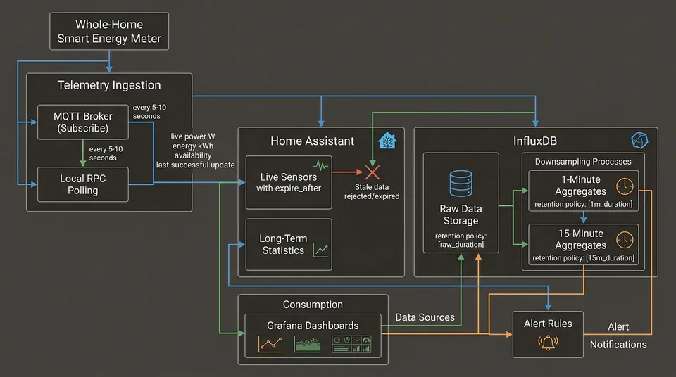 Local energy telemetry pipeline diagram from meter readings to MQTT, Home Assistant, InfluxDB, Grafana, retention policies, and alerts