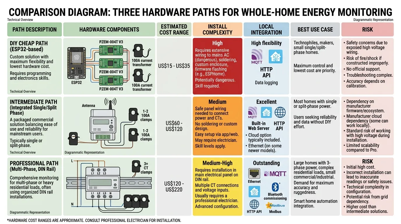 Hardware decision diagram comparing ESP32 PZEM, Shelly Pro EM-50, and Shelly Pro 3EM paths for local-first energy monitoring