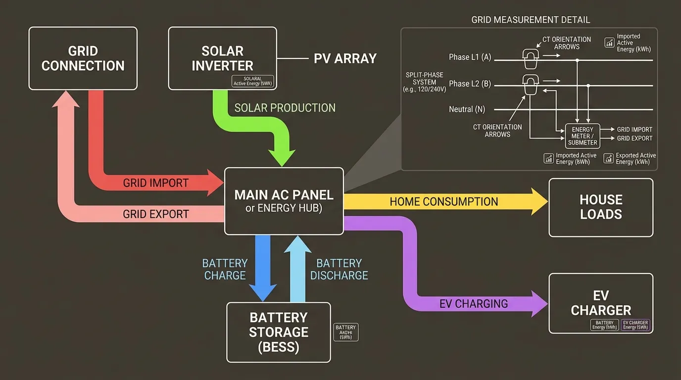 Energy flow diagram showing grid import, grid export, solar production, home consumption, battery charge and discharge, and EV charging as separate measurements
