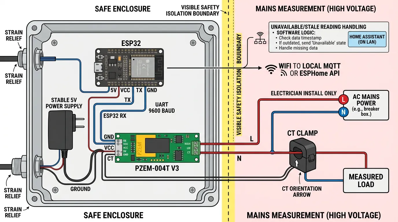 ESP32 and PZEM-004T V3 wiring diagram showing UART, Modbus, CT clamp, AC measurement boundary, enclosure, and safe electrician-only panel boundary