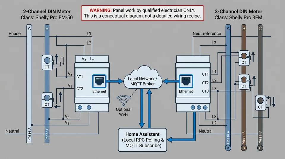 Shelly Pro energy meter wiring concept diagram with CT clamps, voltage reference, Ethernet, MQTT broker, and electrician-only panel boundary