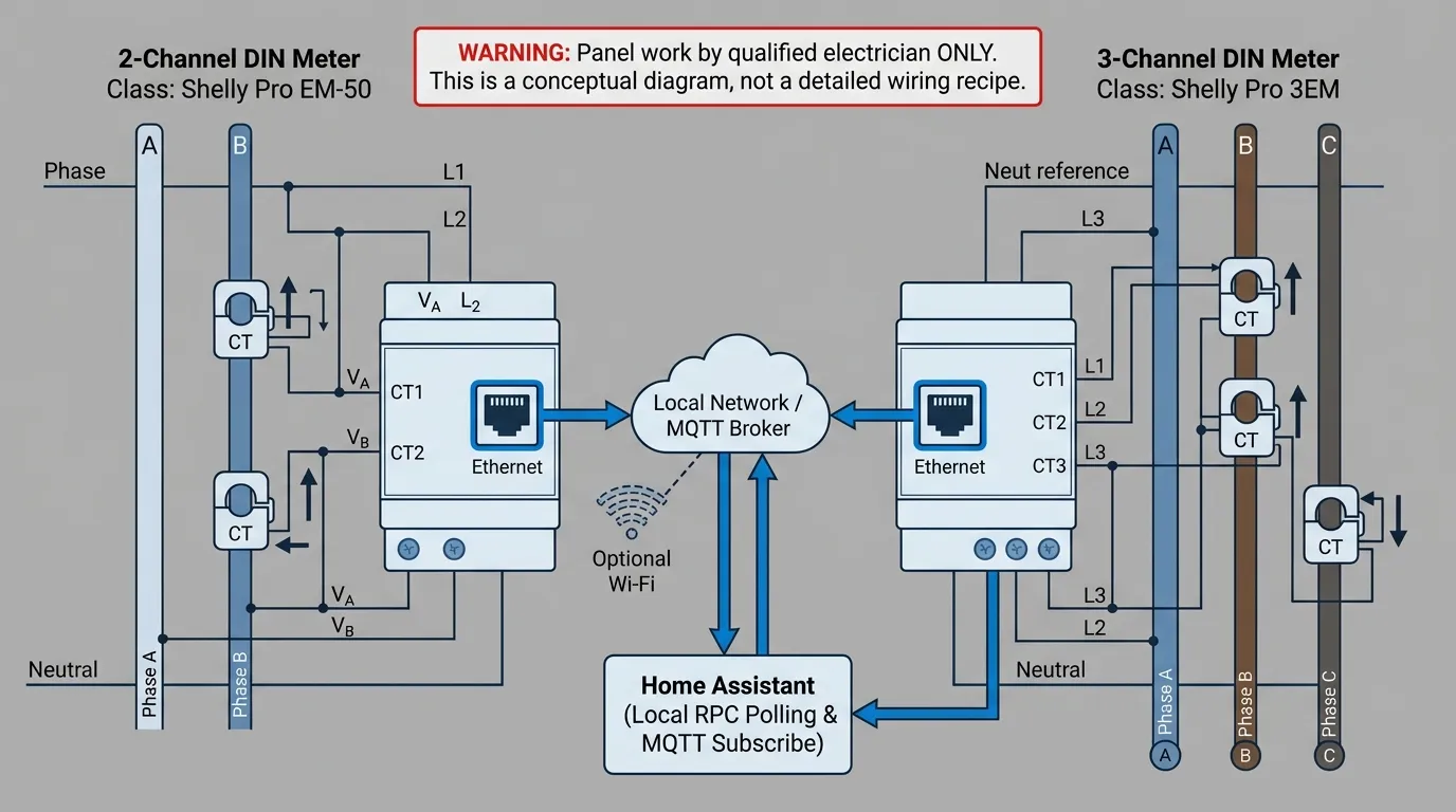 Shelly Pro energy meter wiring concept diagram with CT clamps, voltage reference, Ethernet, MQTT broker, and electrician-only panel boundary