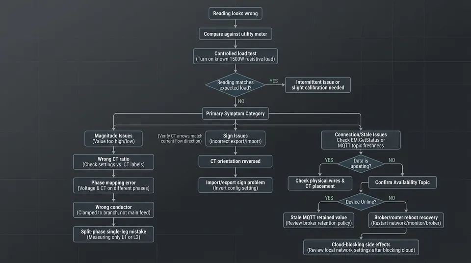 Troubleshooting flowchart for whole-home energy monitoring with branches for wrong CT direction, wrong phase mapping, stale MQTT data, cloud blocking, and meter offline