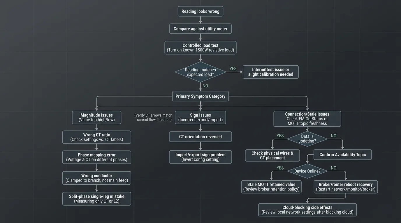 Troubleshooting flowchart for whole-home energy monitoring with branches for wrong CT direction, wrong phase mapping, stale MQTT data, cloud blocking, and meter offline