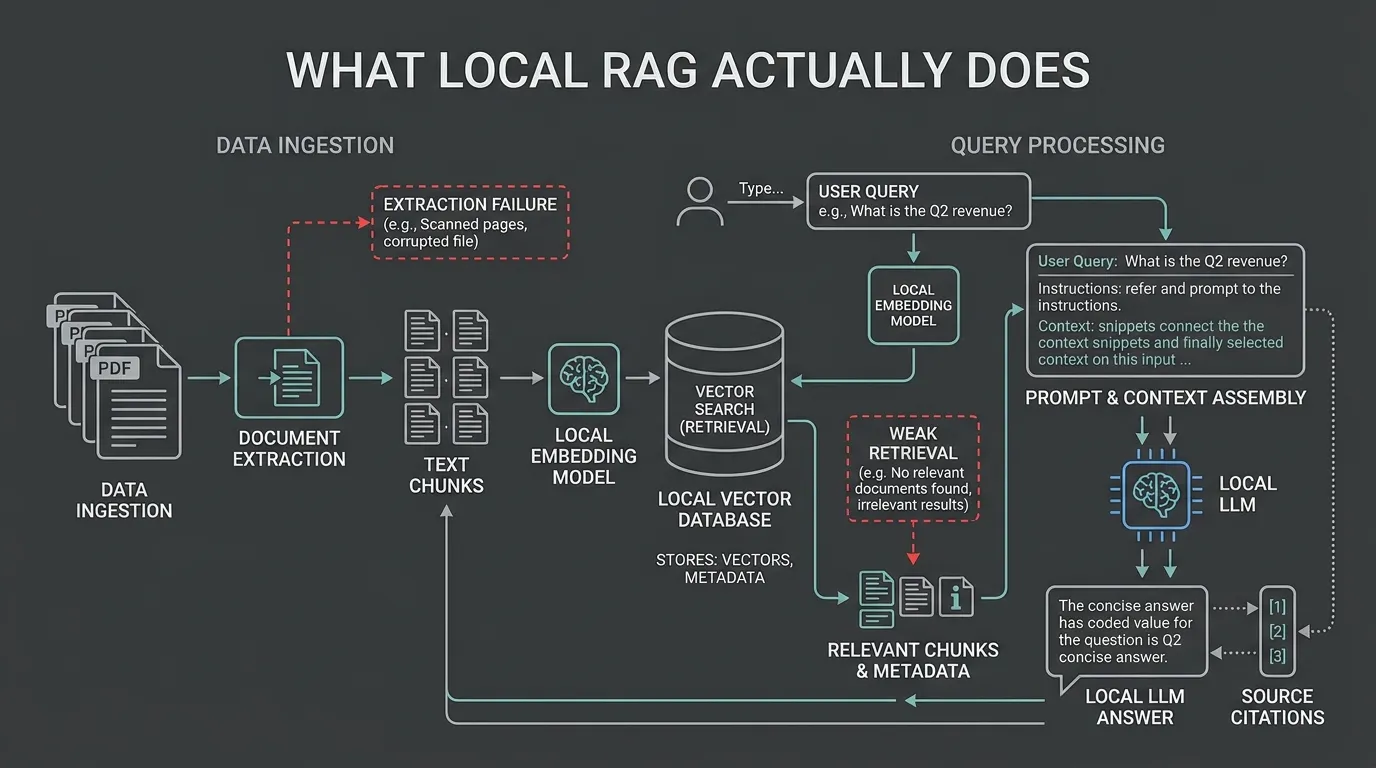 Local RAG pipeline from PDF extraction through embeddings, retrieval and cited answers