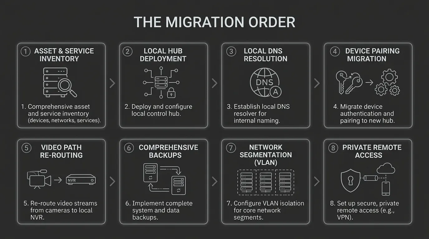 Smart home migration diagram showing inventory, local hub, local DNS, device pairing, NVR, backups, VLANs, and private remote access phases