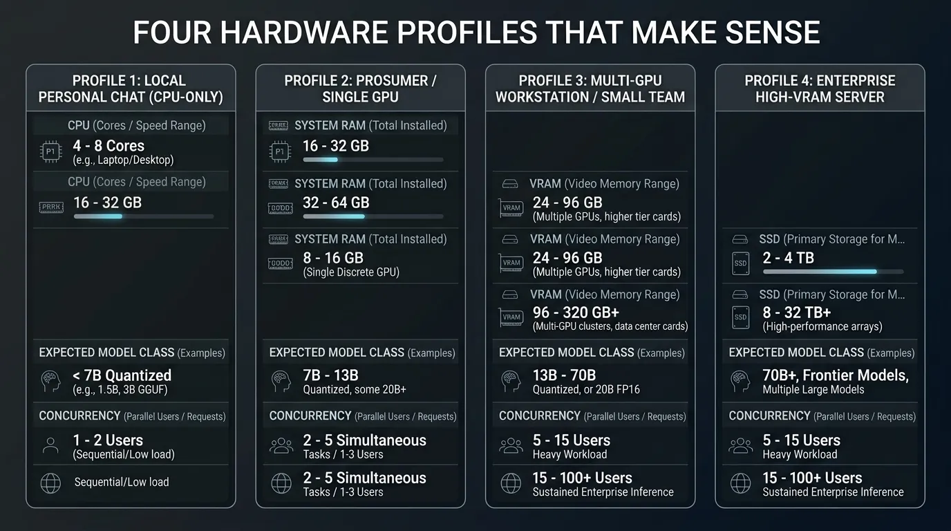 Four private AI server tiers showing CPU, RAM, VRAM, storage and expected concurrency