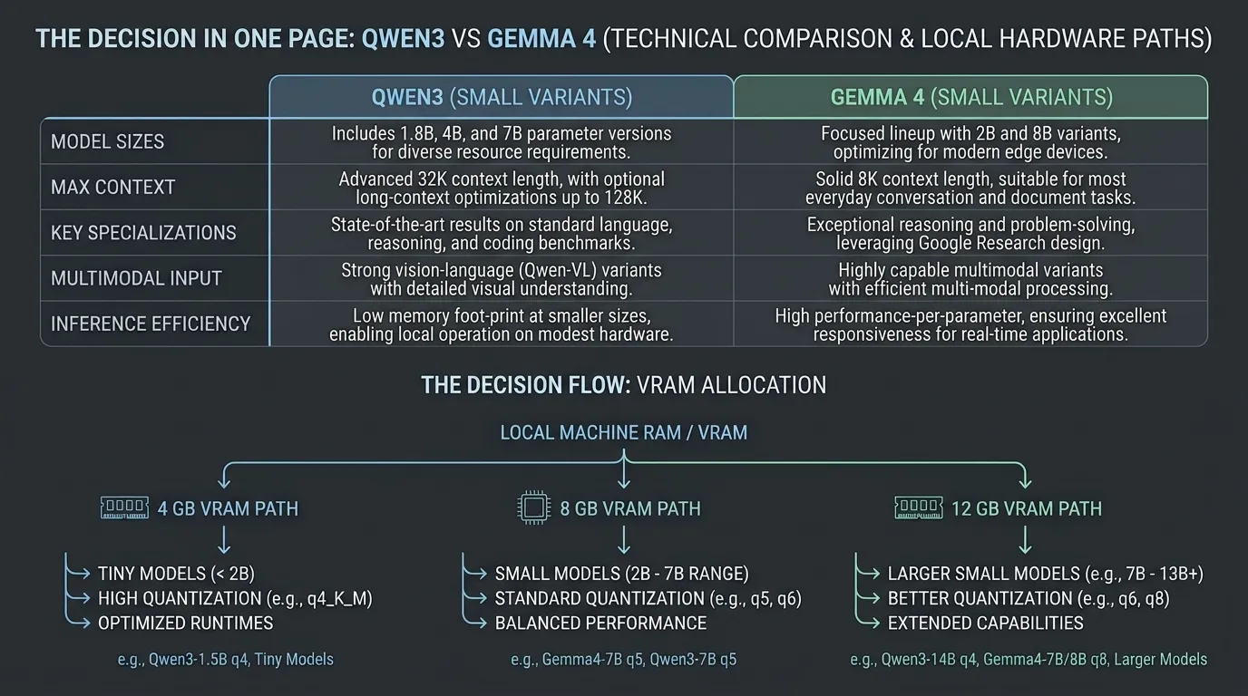 Qwen3 and Gemma 4 comparison across model size, context, coding, multimodal support, memory and local runtimes