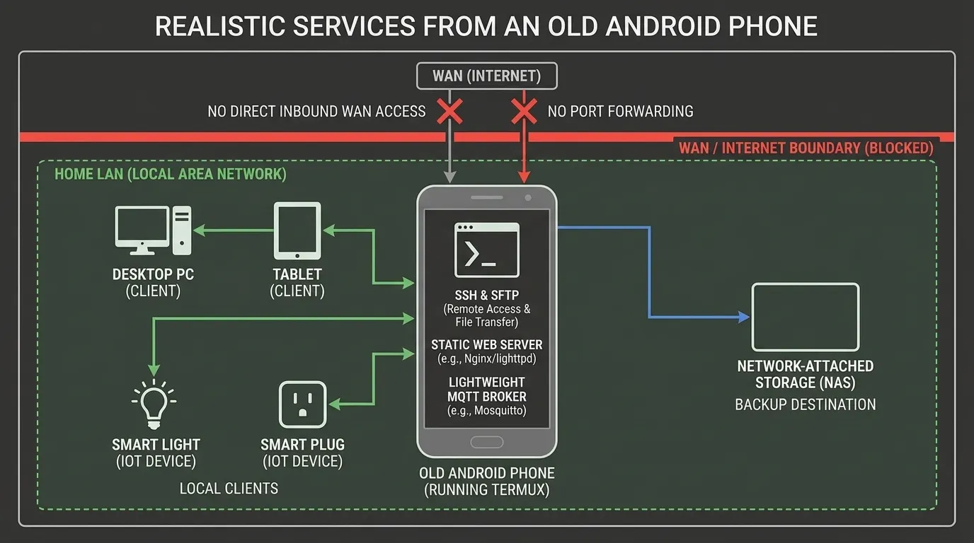 Old Android phone running Termux with local SSH, file transfer, web service, backup destination, and blocked public access