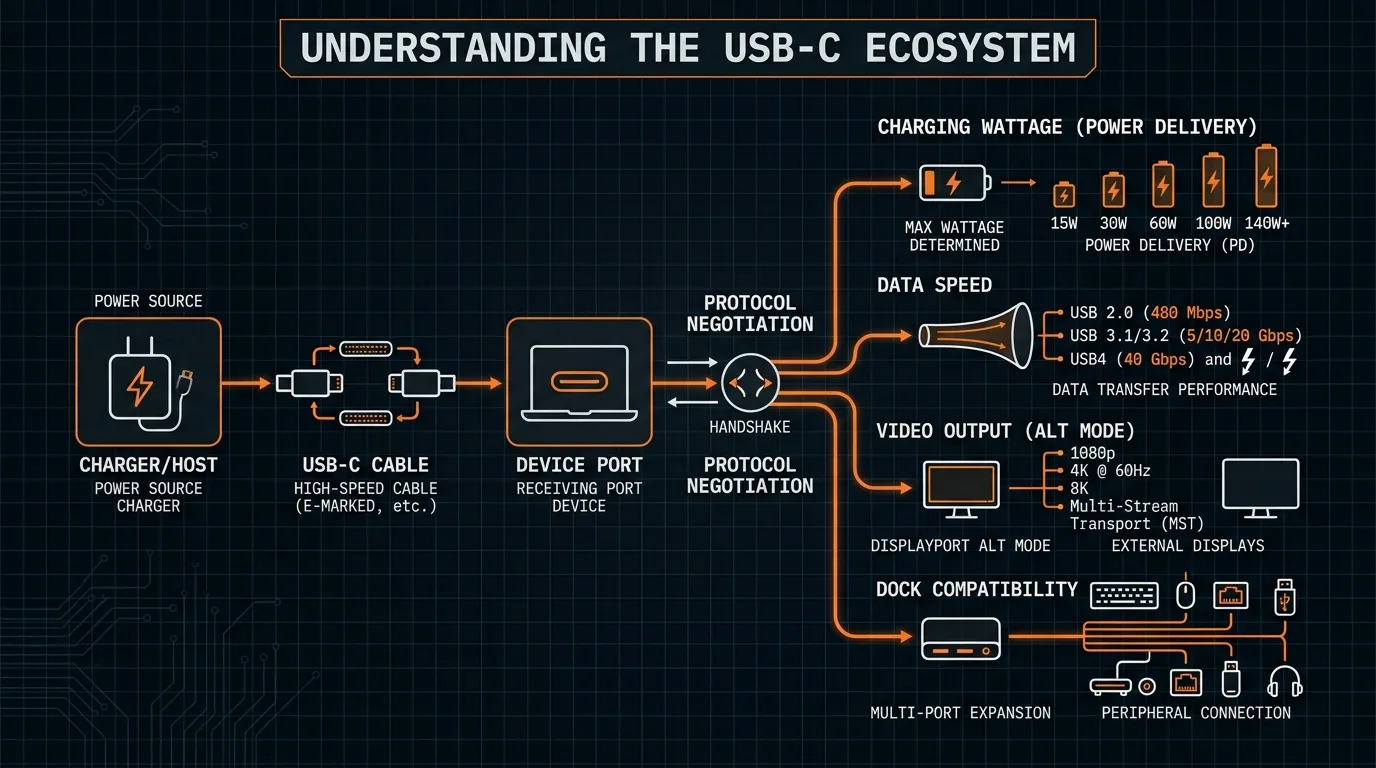 Diagram showing that USB-C compatibility depends on the charger, cable, protocol, and device port.
